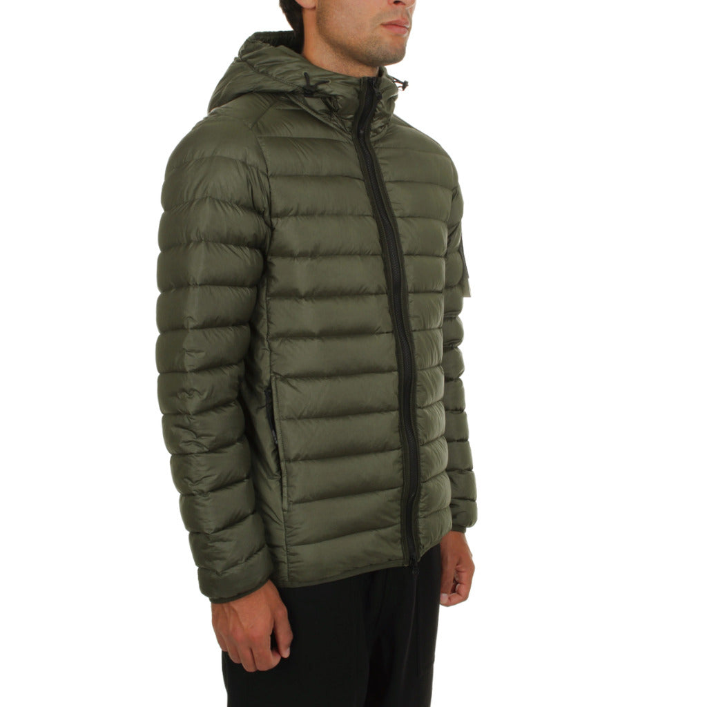 Detail of the drawstring hood on the Stone Island Nylon Down-TC jacket.
