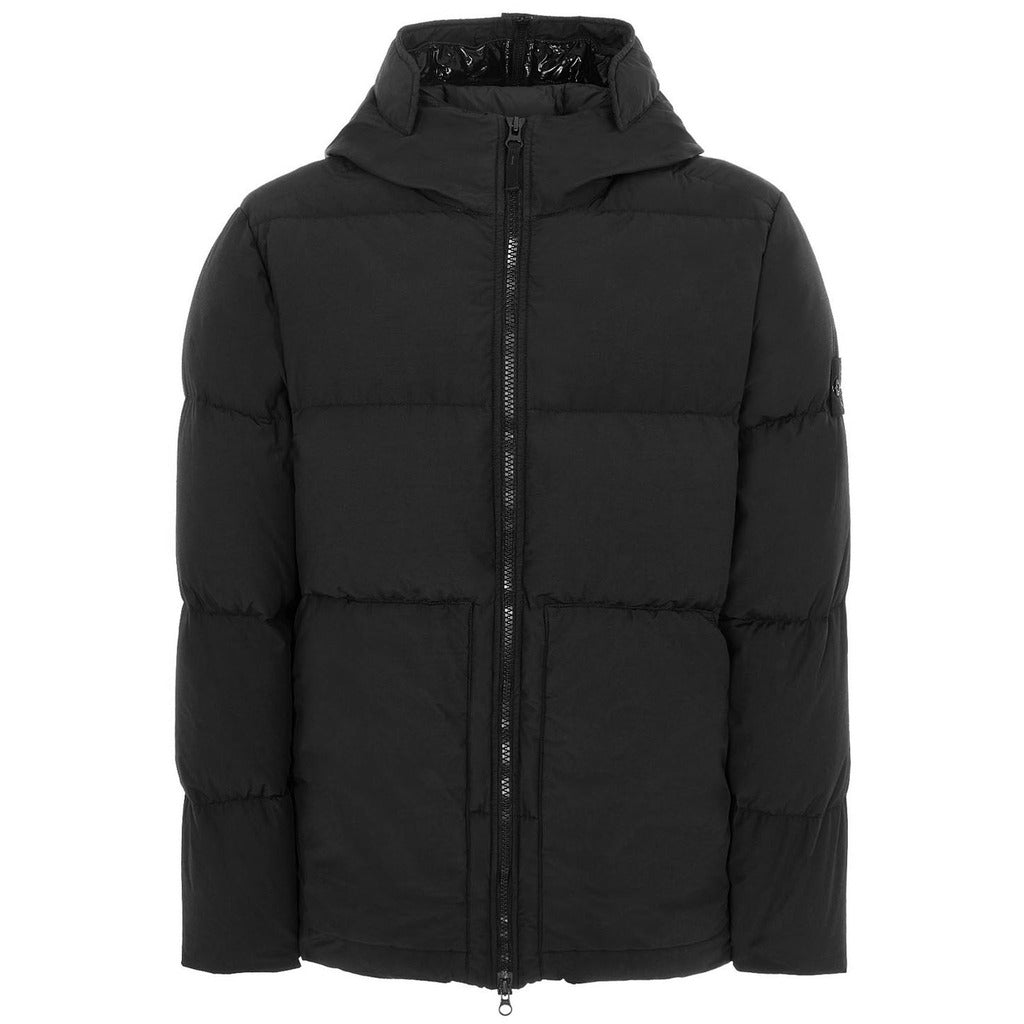 Stone Island black nylon hooded down jacket, front view.
