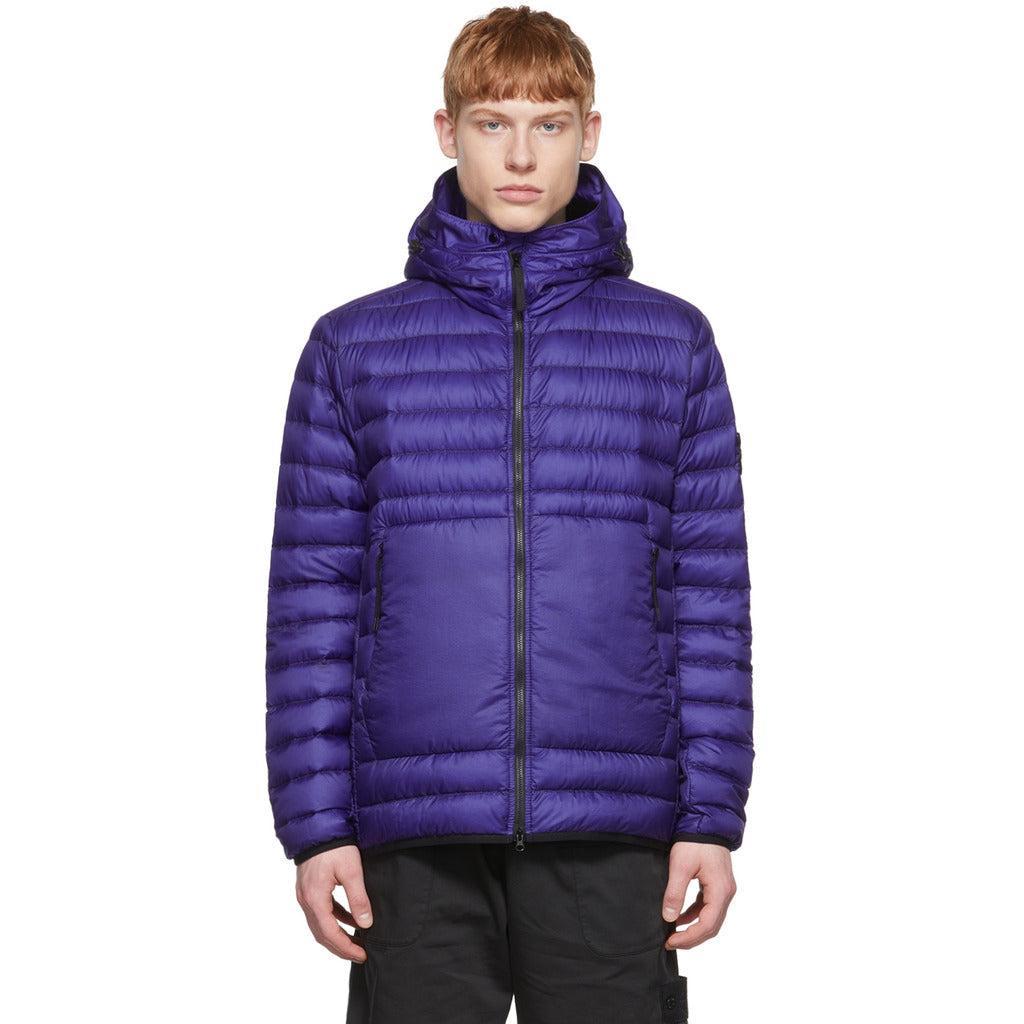 Stone Island purple/blue nylon hooded padded duck down jacket, front view.
