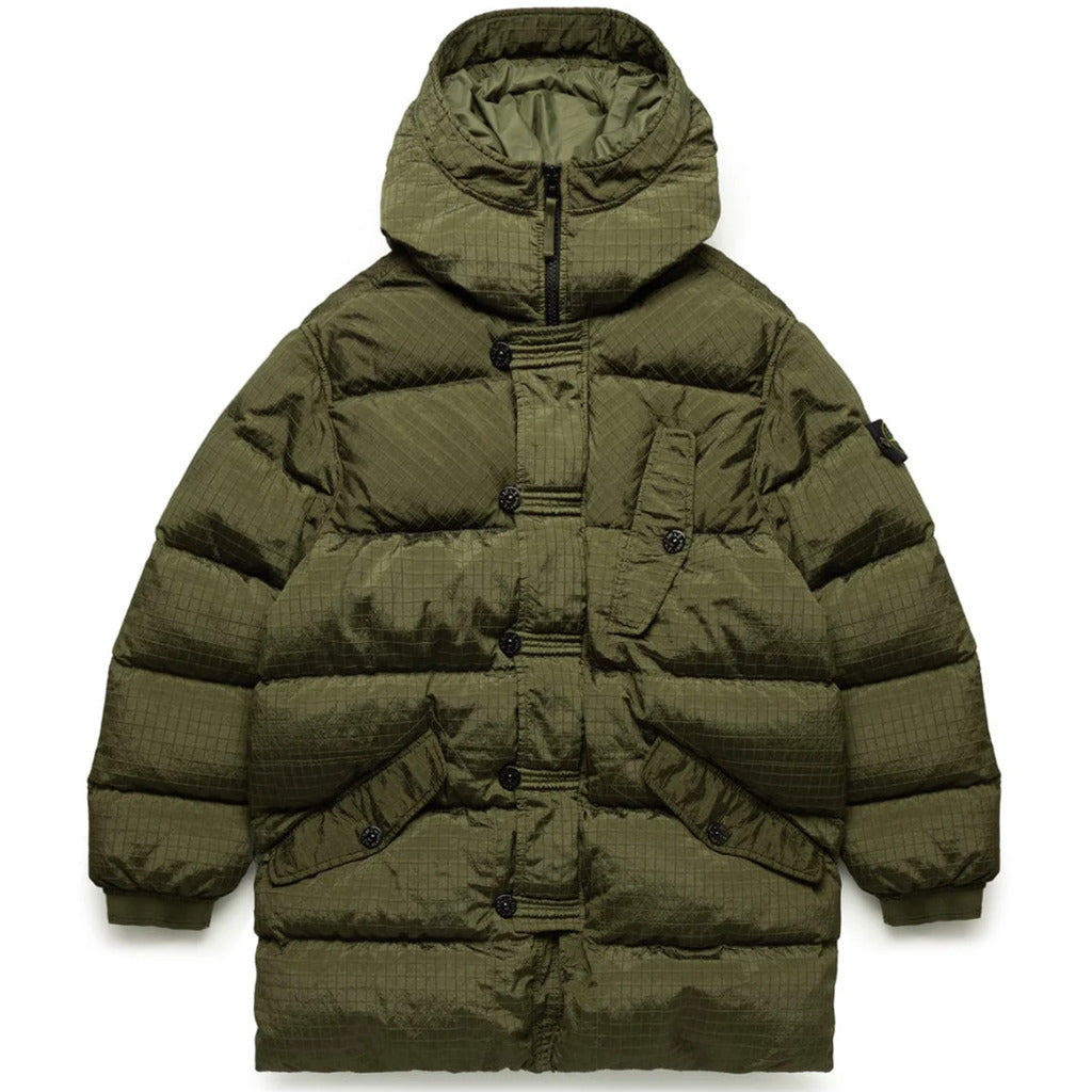 Stone Island green Nylon Metal Econyl down filled parka, front view.
