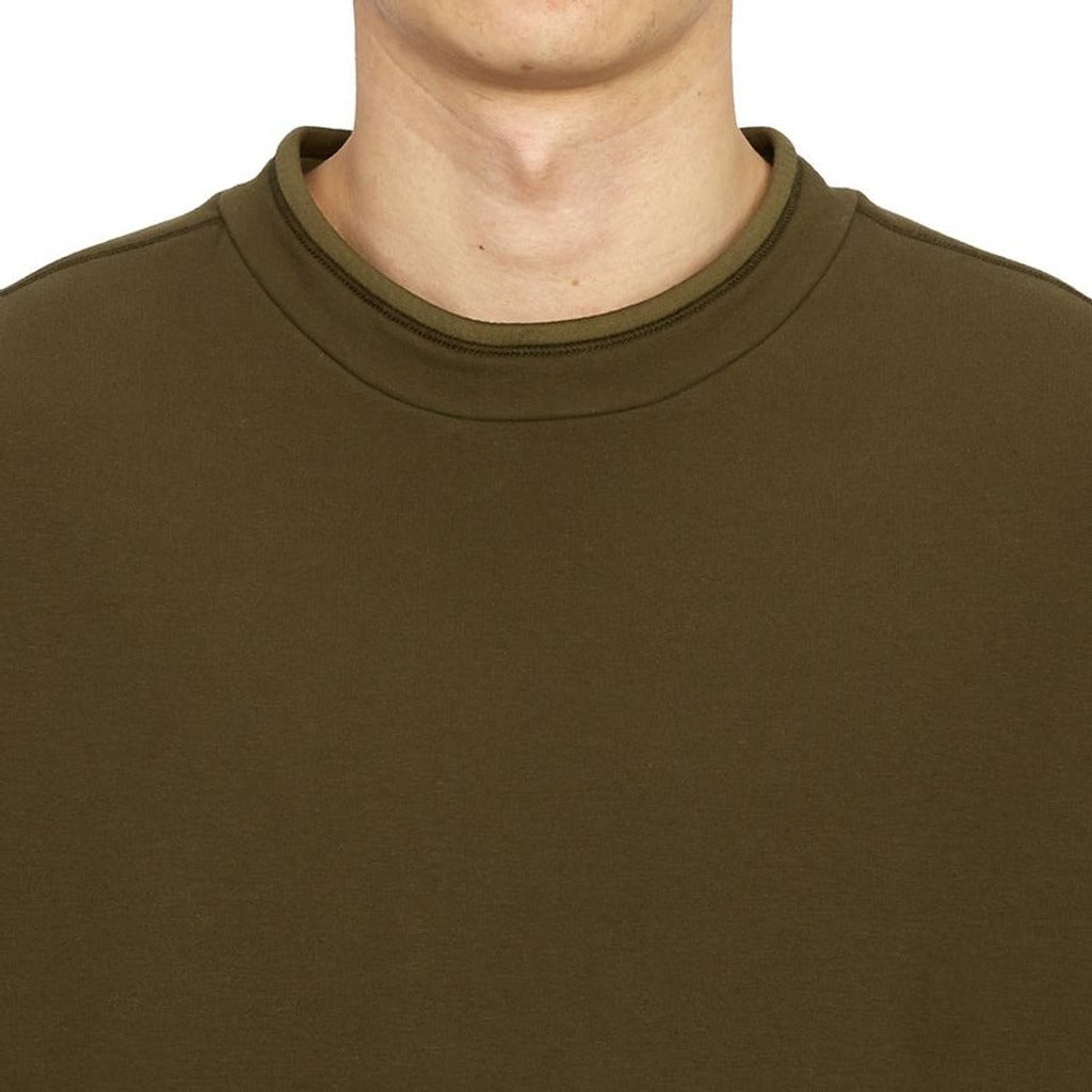 Detail of the crew neckline on the Stone Island olive cotton blend sweatshirt.
