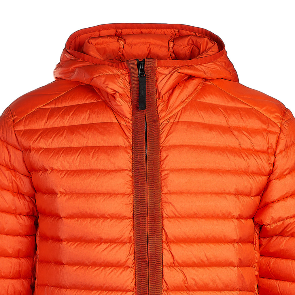 Double-slider zipper closure detail on the Stone Island orange nylon jacket.
