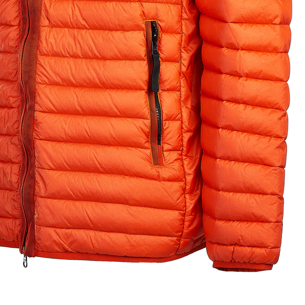 Model wearing the Stone Island orange nylon down jacket