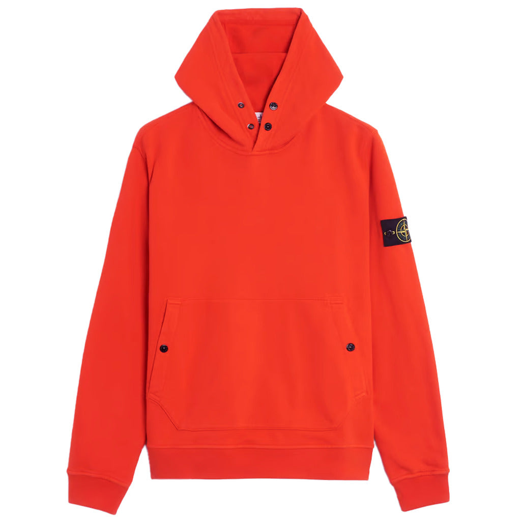 Stone Island red organic cotton fleece garment dyed hoodie, front view.
