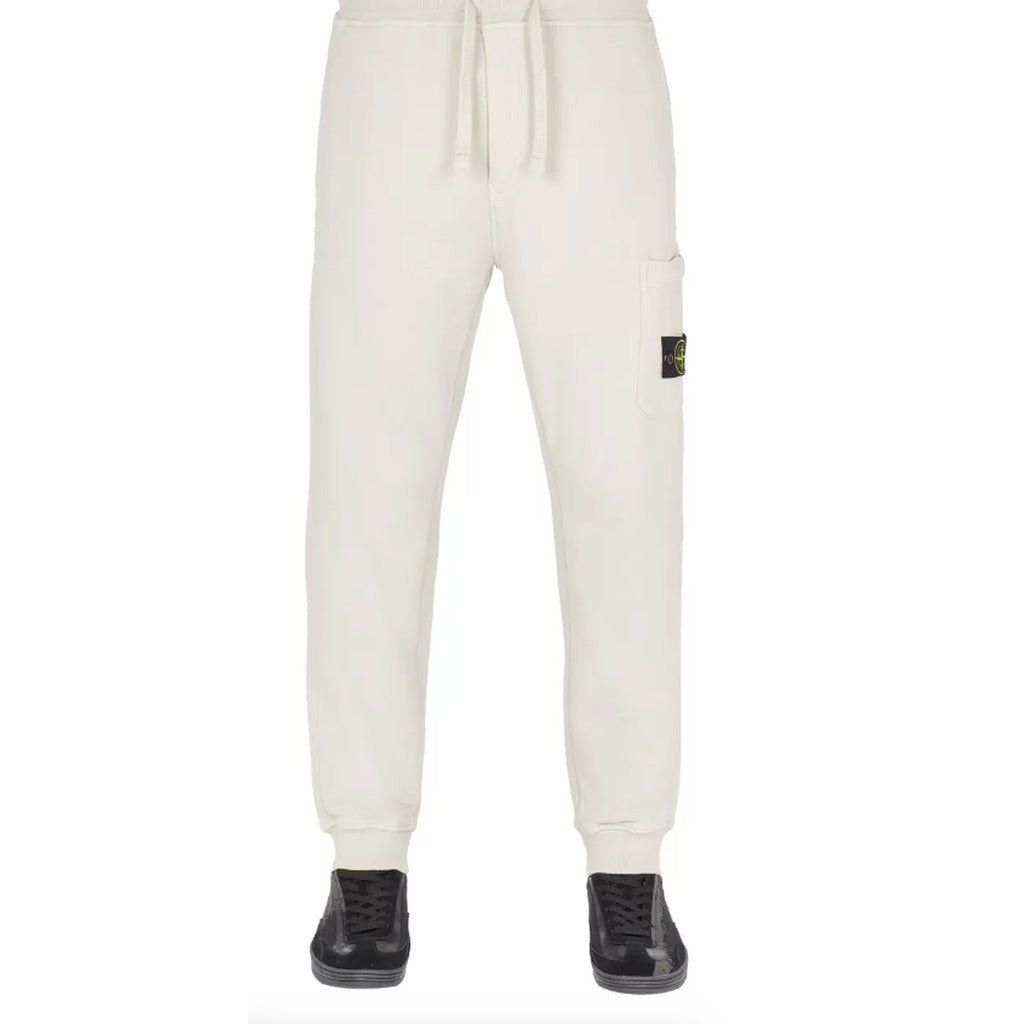 Stone Island white organic cotton fleece joggers, front view, slim fit.
