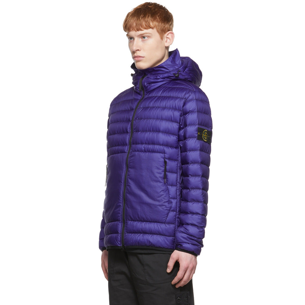 Double-slider zipper closure detail on the Stone Island purple/blue nylon jacket.