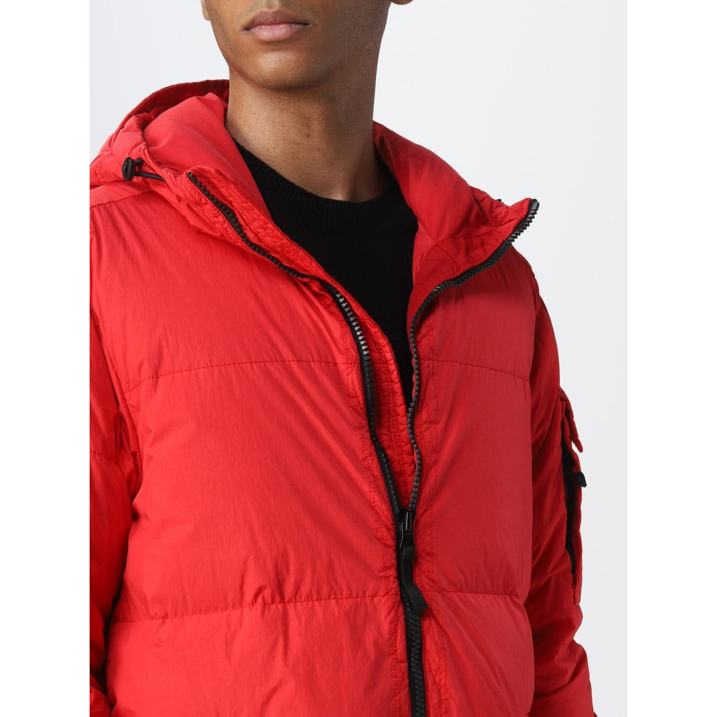 Back view of the Stone Island red garment dyed nylon puffer jacket.
