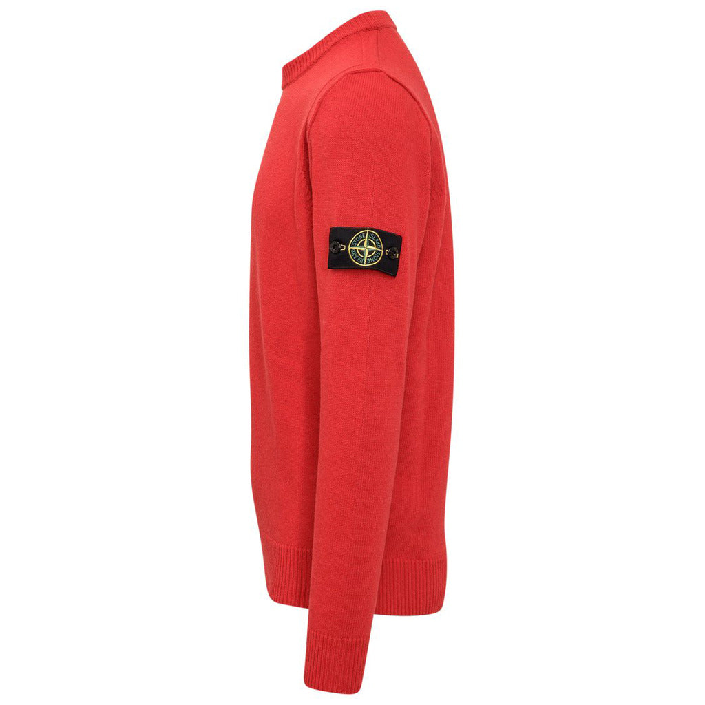 Side profile view of the Stone Island red wool blend pullover sweater.