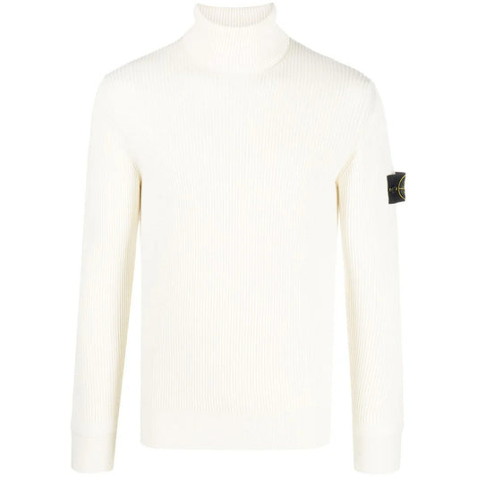 Stone Island ivory white ribbed knit virgin wool roll neck sweater, front view.
