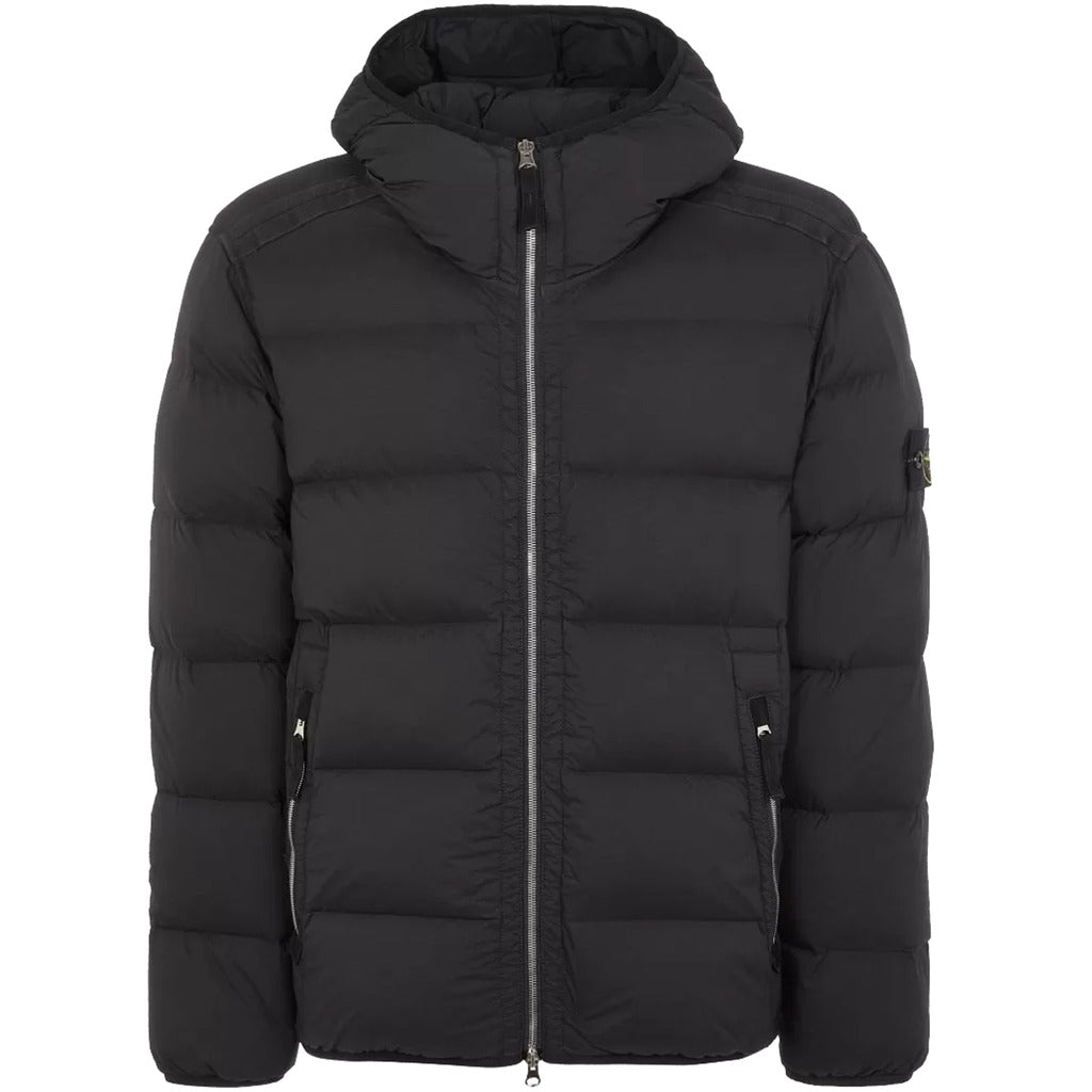 Stone Island black seamless tunnel nylon down hooded jacket, front view.
