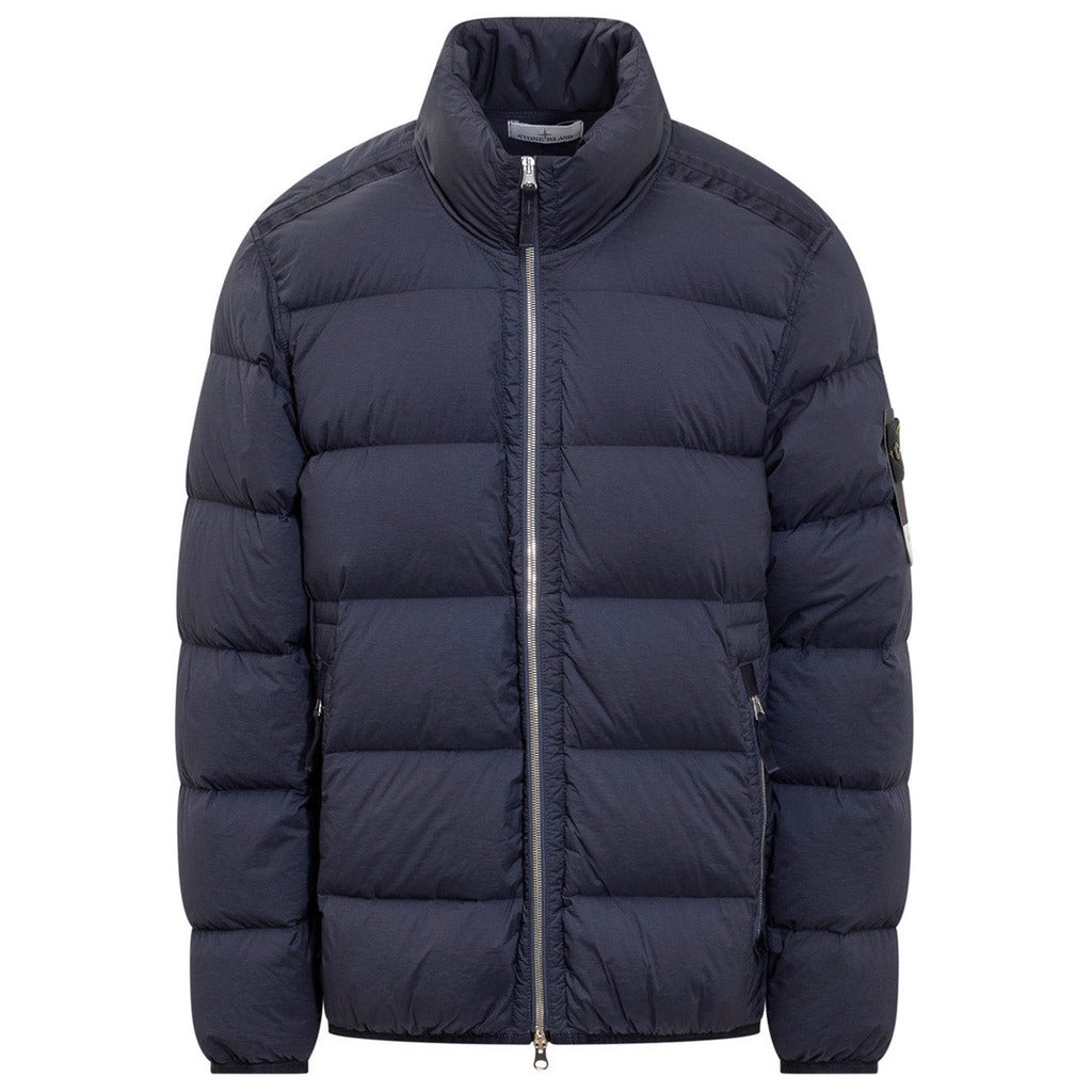 Stone Island blue seamless tunnel nylon Down-TC hooded jacket, front view.
