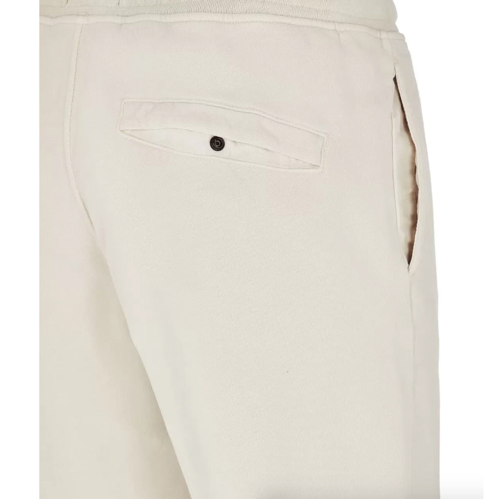 Back view of Stone Island white slim fit fleece sweatpants showing snap pocket