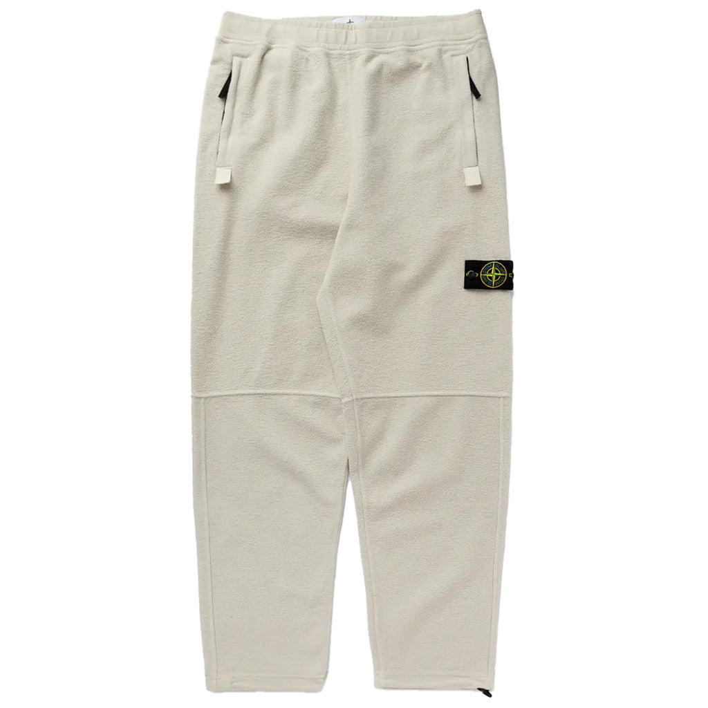 Back view of the Stone Island white cotton blend fleece trousers.