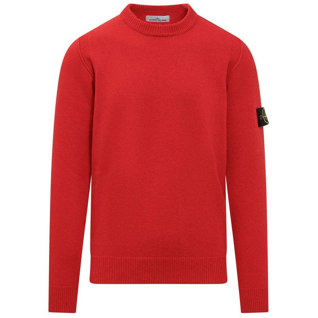 Stone Island red wool blend crewneck sweater, front view.
