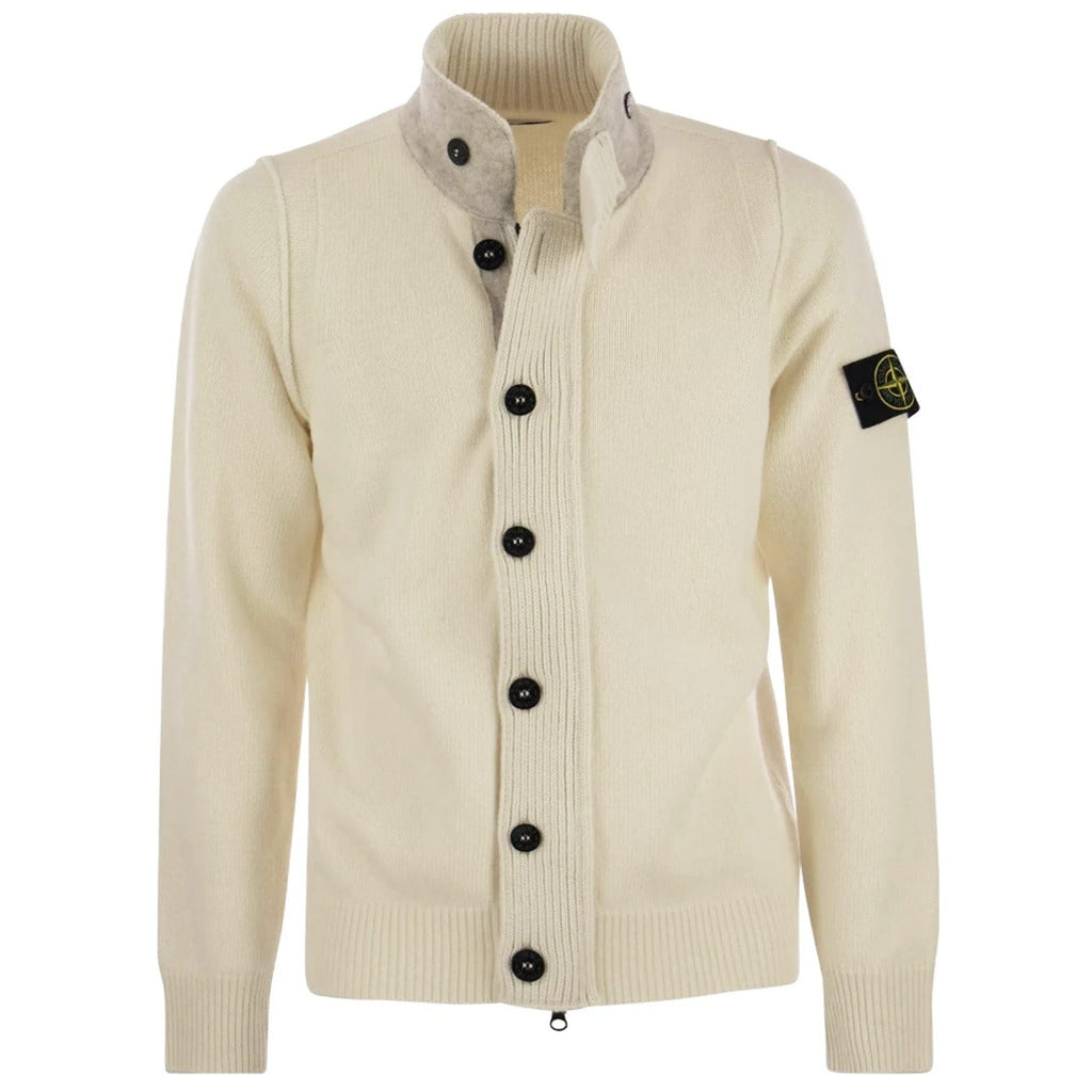 Stone Island beige wool blend cardigan with zip and button front fastening, front view.
