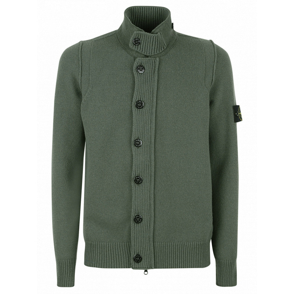 Stone Island green wool blend jumper with zip and button front fastening, front view.