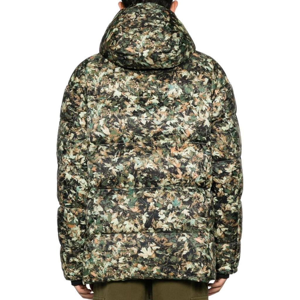 Back view of The North Face green camouflage feather-padded parka.

