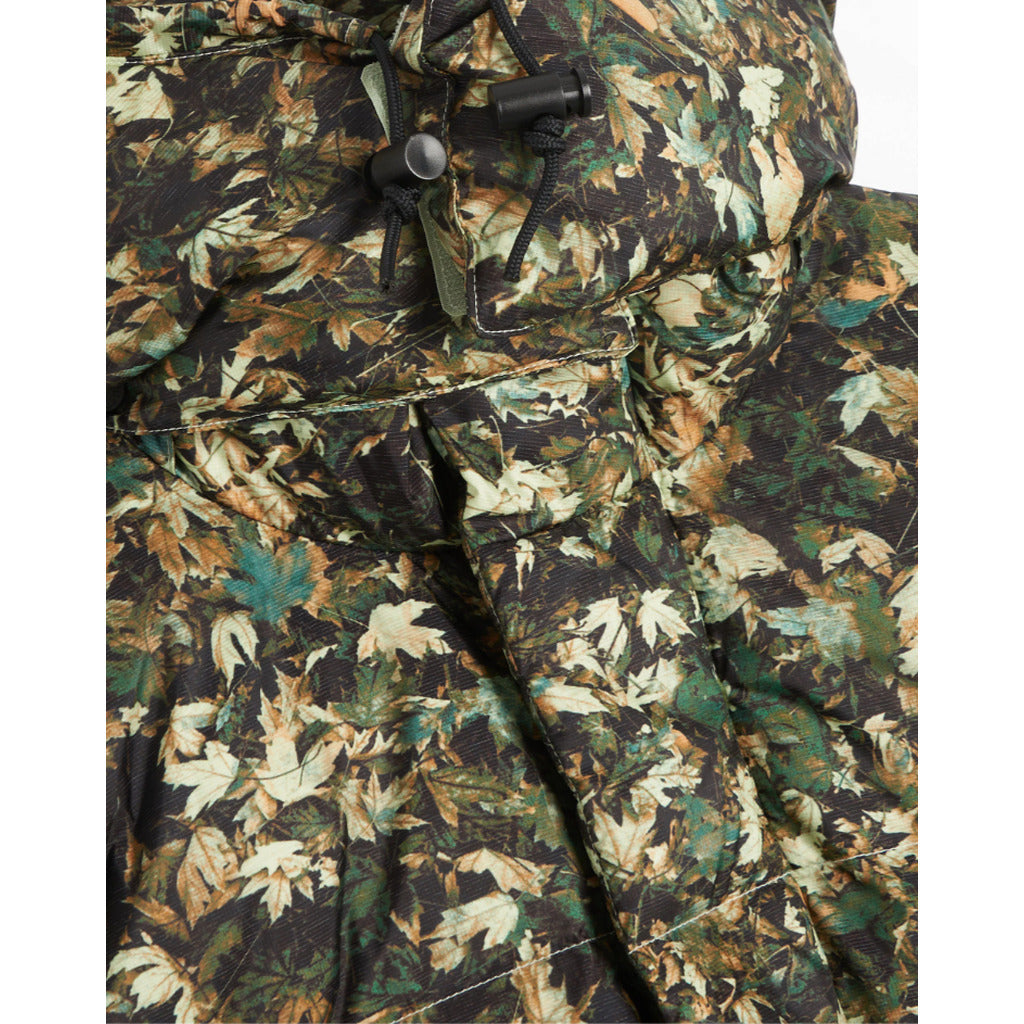 Detail of the front zipper and Velcro closure on The North Face camo parka.

