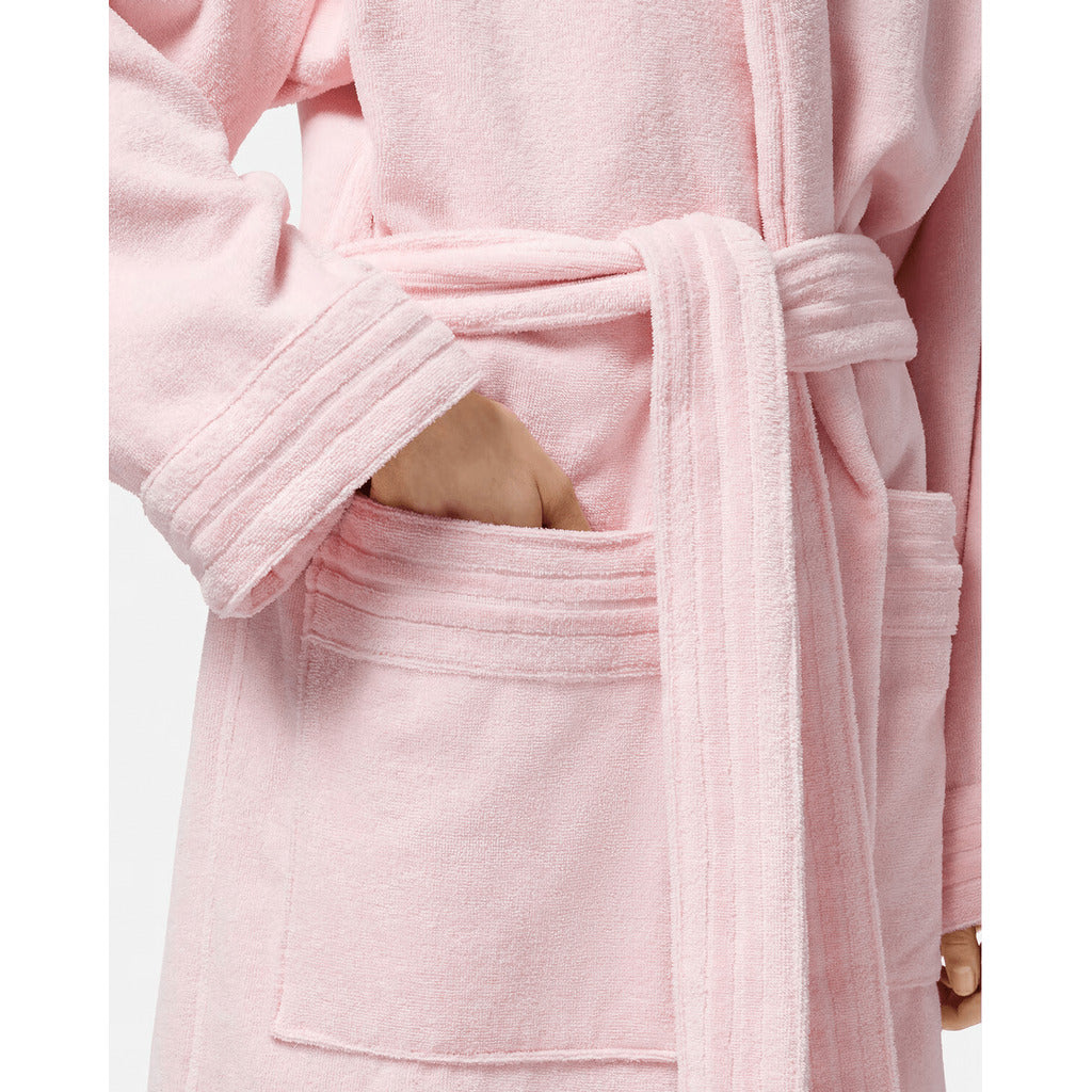 Side pocket detail on the Versace pink cotton terry bathrobe