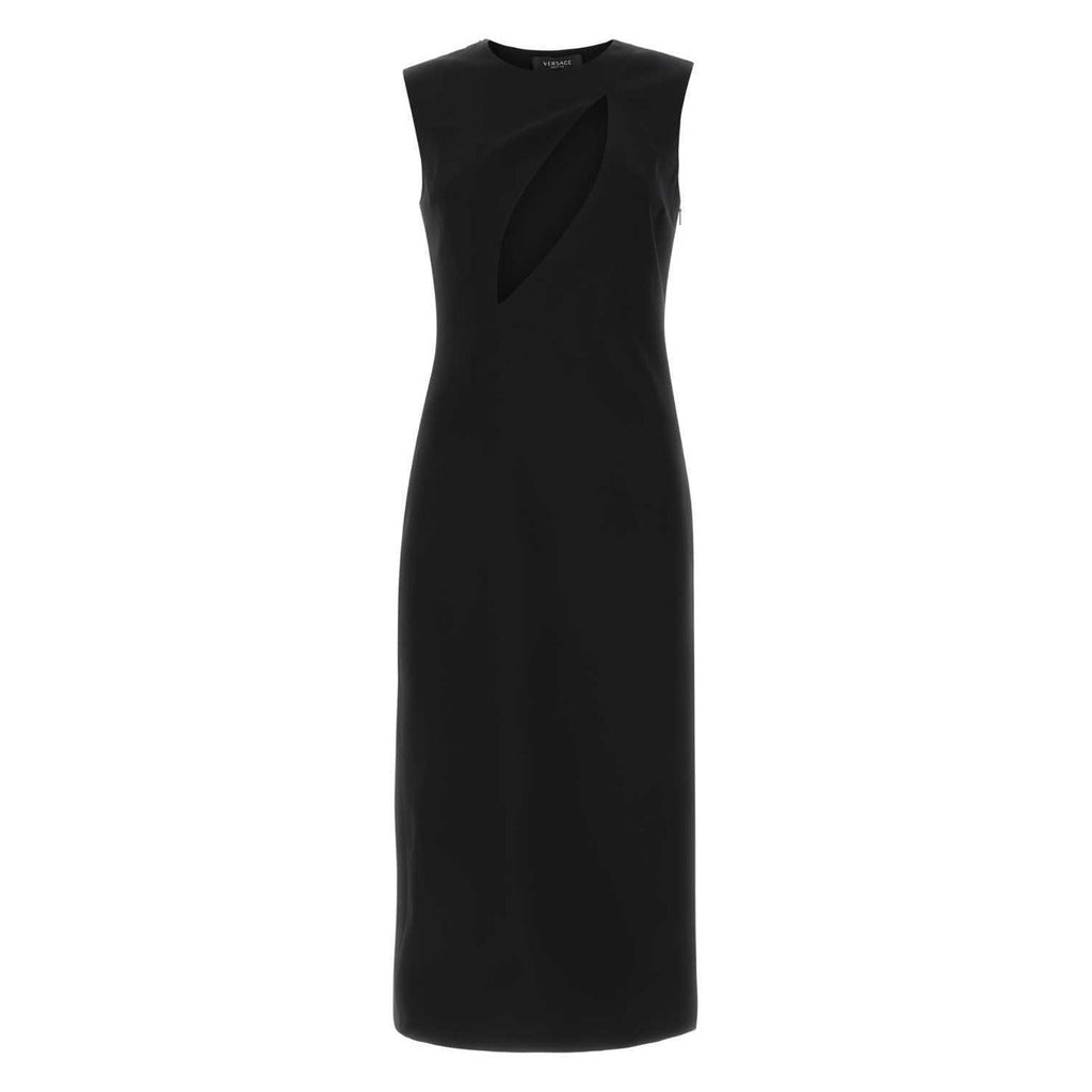 Versace natural sleeveless midi dress with side cut-outs, front view.
