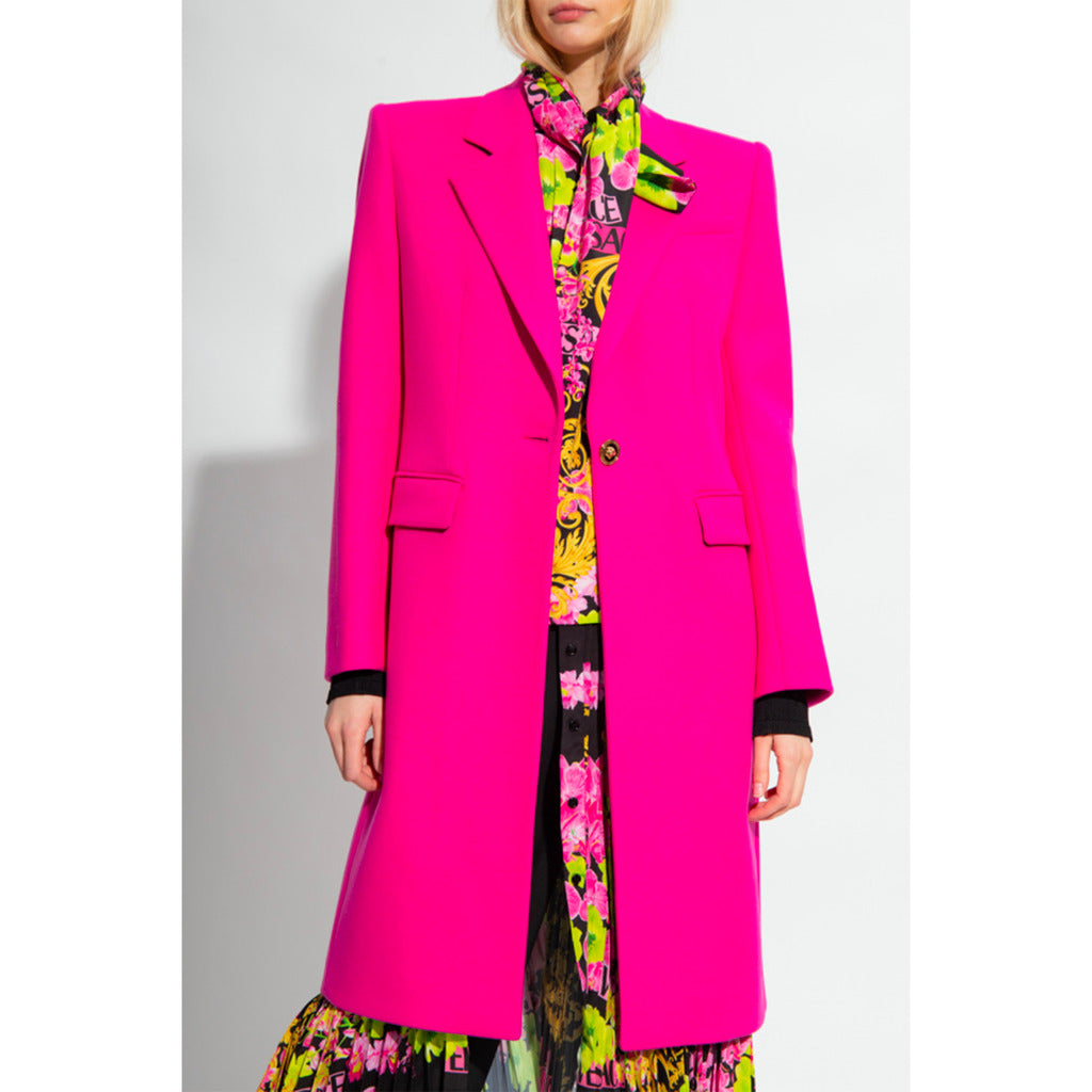Versace fuchsia pink viscose long coat, front view.
