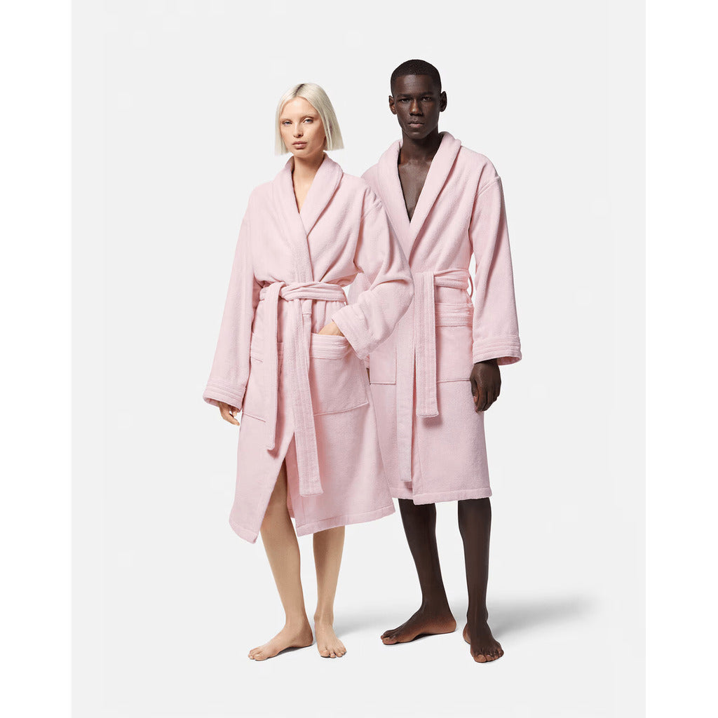 Model wearing the Versace pink Medusa cotton bathrobe
