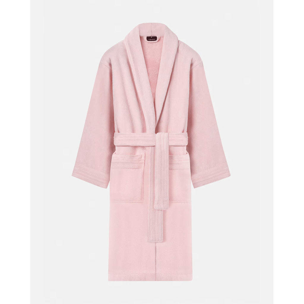 Versace pink cotton bathrobe with Medusa detail, front view, belted.
