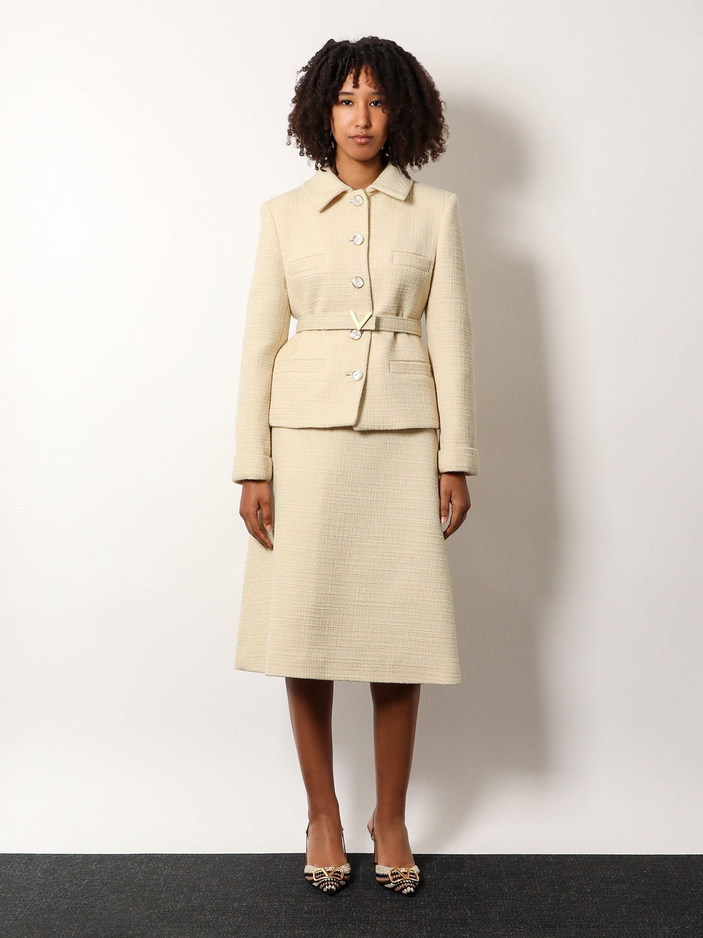 Valentino Wool blazer with leather belt and v gold buckle