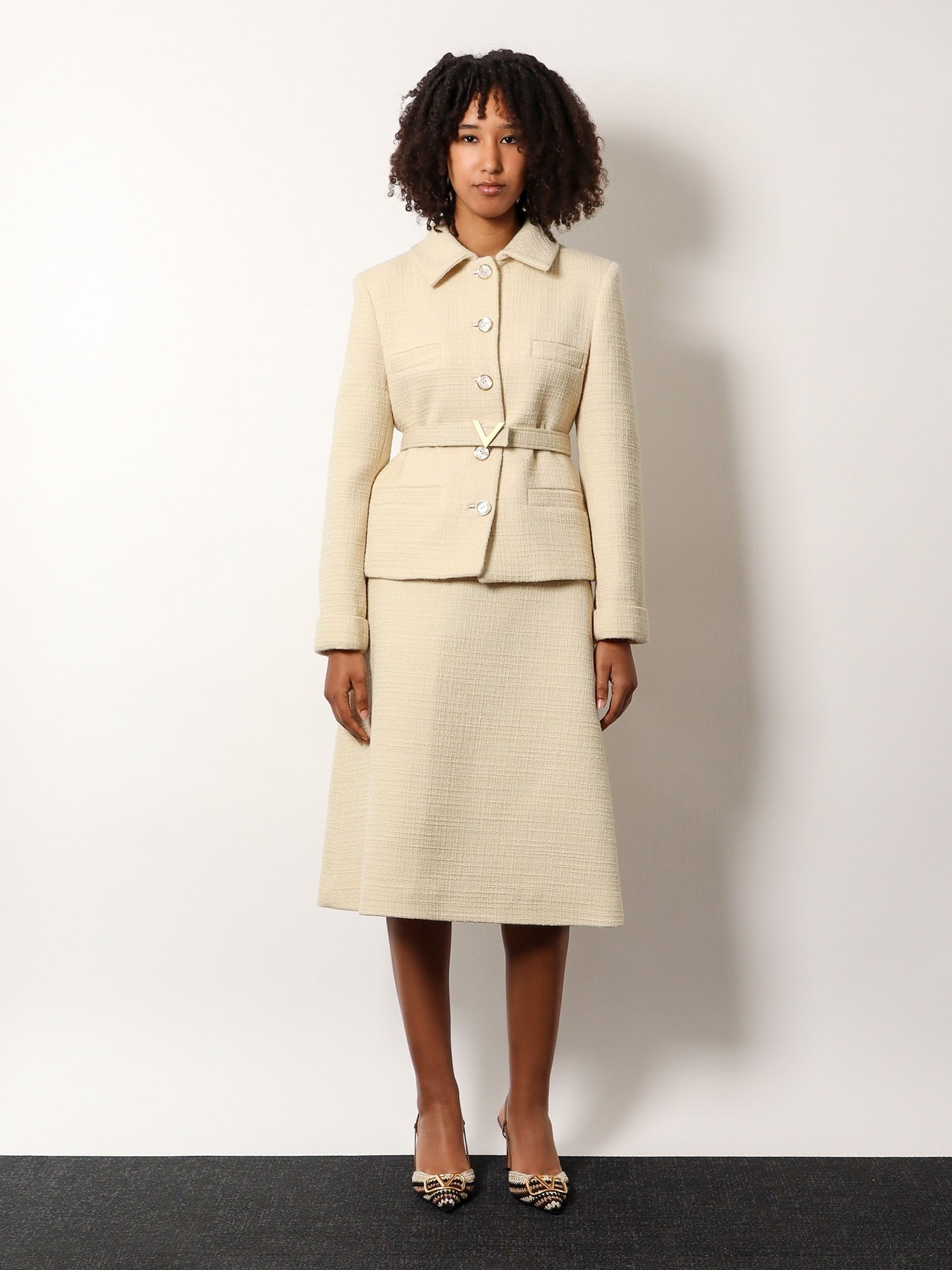 Valentino Wool blazer with leather belt and v gold buckle